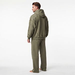 Conjunto Deportivo de Felpa de Algodón para Hombre, Sudadera con Capucha y Cremallera Completa, Hombros Caídos, Corte Holgado, Logotipo Personalizado, Color Verde Oliva Sólido - Product Image 4