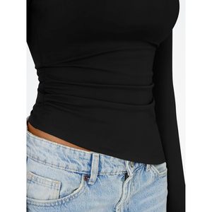 Queen Womens 2025 2025 otoño moda manga larga asimétrica fruncido Slim Fit camisetas bordado Logo/patrón Sexy lindo Y2K Tops - Product Image 5