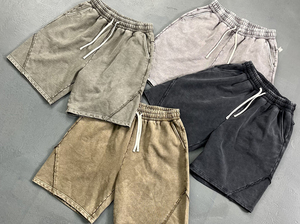 Streetwear Men's Custom Casual Solid Acid Washed Heavyweight <b>Canvas</b> Drawstring Distressed Long Cotton Ripped Sweat Shorts - Product Image 4