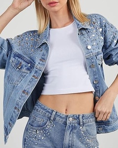 Denim Jacket With Rhinestone Decoration Turn-down Collar Single Breasted Casual Style Loose Fit Autumn Wear Unisex Regular - Product Image 4