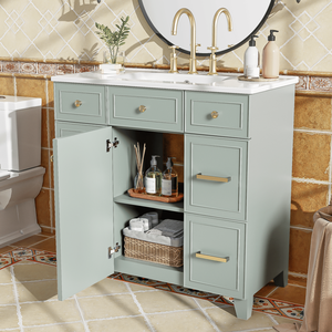Mobile Bagno in Legno Massello Verde da 36 Pollici con Lavabo in Ceramica, Ante con Chiusura Ammortizzata, Ripiani Regolabili e 3 Cassetti (tra cui 2 Doppi) - Product Image 4