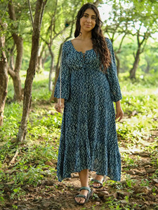 Indigo Hand-Block Printed Cotton <b>Maxi</b> Dress with Flare Bell Sleeves Casual Bohemian Summer Long One Piece Gown for Women - Product Image 4