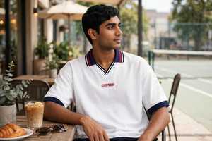 Oneten <b>Men's</b> <b>White</b> <b>Long</b> <b>Sleeve</b> Striped for Shirt Navy Ribbed Collar Front Heat-Transfer Printed Logo Casual Sporty <b>Top</b> - Product Image 6