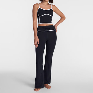 Pantalon évasé taille haute pour femme, noir, avec cordon de serrage, rayures latérales, longueur intégrale, style sportif - Product Image 5