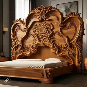 Exquisita cama redonda de madera con un magnífico fondo tallado con un mandala circular, disponible a precios de mayorista. - Product Image 3