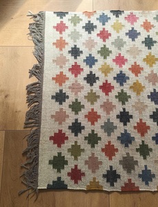 Handmade Wool Flat Weave <b>Thin</b> Low Pile <b>Rug</b> Colorful Diamond Pattern Dhurrie Kilim with Tassels for Modern Interiors - Product Image 2