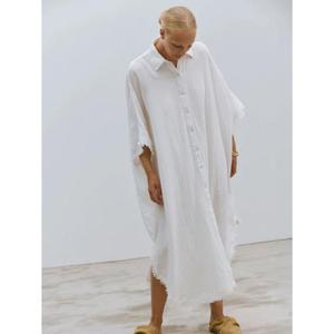 Vestido Kaftán Extra Grande de Algodón Blanco para Mujer, Bordado, con Botones, para la Playa, Estilo Maxi - Product Image 3