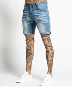 Shorts Bermuda en jean déchiré bleu pour homme, taille mi-haute, fermeture boutonnée, style décontracté, tissu 100 % coton tissé - Product Image 3