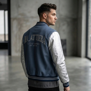 Men Blue Wool <b>Jacket</b> <b>Silver</b> Metallic Leather Sleeves Full Zip Bomber Custom Embroidered Premium Streetwear - Product Image 3