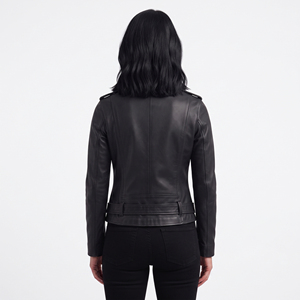 Chaqueta de Motociclista de Cuero Genuino para Mujer, Diseño Ajustado Profesional, con Botones y Cinturón en la Cintura - Product Image 2