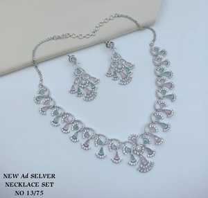 Conjunto de collar de lujo chapado en plata con diamantes americanos, elegante diseño de ondas, piedras de circonita cúbica rojo rubí y rosa, para novias. - Product Image 3