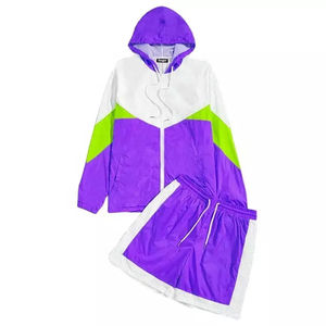 New Fashion Zip up Color Block Hooded <b>Jacket</b> Windbreaker Short Sets for Men Women - Product Image 2