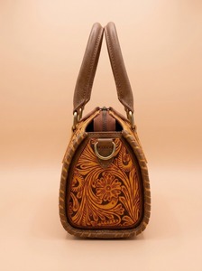 Bolso de Hombro Tipo Boston con Cierre de Cremallera de Cuero, Diseño Floral Tallado, Gran Capacidad para Viajes y Uso Diario - Product Image 2