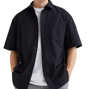 Camisas de Vestir de Franela de Algodón para Hombre al por Mayor - Negras, Corte Relajado, Manga Corta, Teñidas con Hilo, Ecológicas, Transpirables, de Secado Rápido - Product Image 1