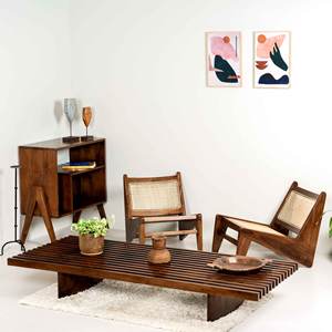 Venta al por mayor: Banco de madera maciza con listones estilo Mid-Century Modern, mesa de centro baja estilo Charlotte Perriand, estructura de diván Japandi - Product Image 4