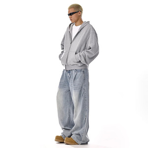 Jeans de mezclilla para hombre, de pierna ancha y corte holgado, azul claro lavado a la piedra, informales para verano, de cintura media, de algodón tejido, con estampado serigrafiado, ligeros - Product Image 1