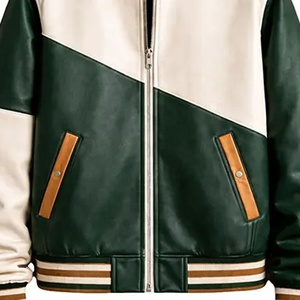 Chaqueta universitaria de cuero para hombre, estilo varsity, con bloques de color verde, blanco y marrón, cierre de cremallera, informal. - Product Image 5