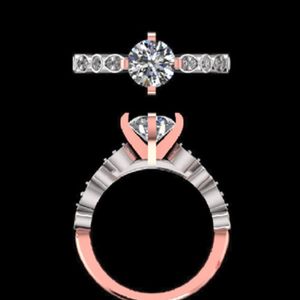 elegant round brilliant cut diamond engagement <b>ring</b> in 18kt 14k two tone rose and white <b>gold</b> with marquise shape pave <b>set</b> shank - Product Image 2
