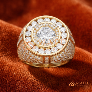 Mens Gold Tone Moissanite Halo <b>Ring</b> Luxury Round Cut Diamond Look <b>Statement</b> <b>Ring</b> for Men - Product Image 6