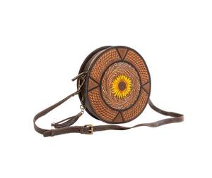 Sac de messager pour femme en cuir de vachette bohème écologique de haute qualité, avec motif tournesol, fermeture éclair à pompon - Product Image 1