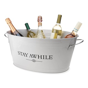 Seau à glace ovale blanc en métal galvanisé avec poignées, bac à boissons isotherme imprimé Stay Awhile - Product Image 3