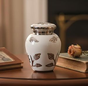 Porcelain Pet Urn Teardrop Shape Classical Design Airtight Small Animals Memorial <b>Vase</b> White with Leaf Pattern - Product Image 4