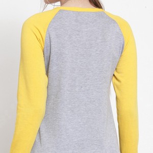 Sweat-shirt à manches longues et col rond pour femme, gris et jaune, en tricot décontracté, mélange de coton, pour l'automne - Product Image 2