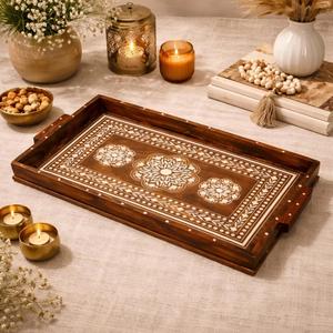 Bone Inlay Tray Wooden Serving Tray with Floral Design Handmade Luxury Coffee <b>Table</b> Decor - Product Image 5