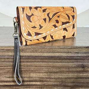 Hot Selling Hand Tooled Genuine Leather Floral Leaf Pattern <b>Women</b> Clutch Multipurpose Card & Cash Holder Wallet <b>Purse</b> for Gifts - Product Image 3