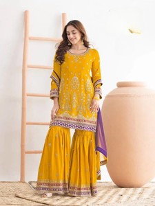 Chinon <b>Women's</b> Semi-Stitched Modern <b>Suit</b> with Embroidered Sequence & Mirror Work <b>for</b> Wedding <b>Prom</b> & Diwali - Product Image 3