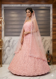 Élégante Robe de Mariée Indienne et Pakistanaise en Soie Rose avec Broderies et Voile, Longueur Ras du Sol, Coupe Classique - Product Image 1