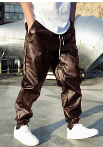 Men's Brown PU Coated Harem Pants <b>Elastic</b> <b>Waist</b> Drawstring Casual Joggers with Side Pockets Heavyweight Winter Wear Anti-Pilling - Product Image 5