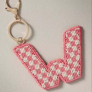 Nuevo Llavero y Colgante para Bolso con Letra W a Cuadros Rosa y Blanco, Hecho a Mano, Personalizado con Bordado de Cuentas de Semilla y Anillo de Metal Dorado, Regalos de Joyería - Product Image 1