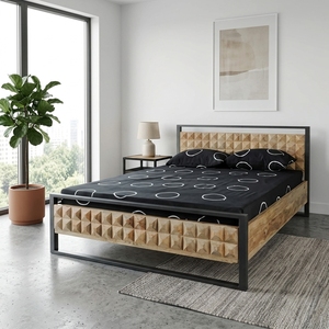 Dice <b>Bed</b> Modern Industrial Solid Wood <b>Platform</b> <b>Bed</b> <b>Frame</b> With 3D Geometric Carved Headboard And Black Metal Bedroom Furniture - Product Image 2