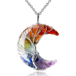 Collier pendentif en pierre précieuse croissant de lune 7 chakras, arbre de vie enroulé de fil, bijoux en cristal de guérison - Product Image 1