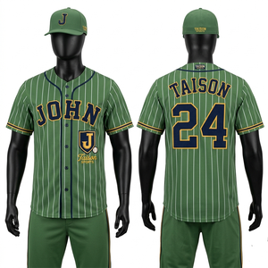 Camiseta de Béisbol para Hombre, 180 GSM, Poliéster, Verde con Rayas, Azul Marino y Dorado, Bordado Tackle Twill, Logotipo Personalizado, Cierre de Botones, Uniforme - Product Image 1