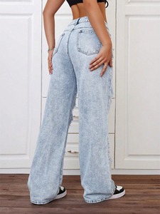 Pantalon en jean 100 % coton coupe droite mi-haute pour femme, respirant, style streetwear, poches avant, design personnalisé, prix abordable, vente en gros - Product Image 2
