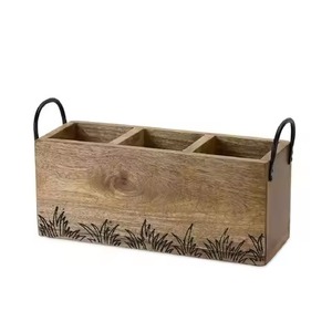 Rustic Wooden Caddy Storage Box Rectangular with Metal Handle for Living Room Sundries Handmade Single Tier Cutlery Holder - Product Image 3