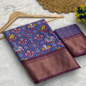 Sari de Seda Dola Premium VASTRA COTTAGE con Estampado Digital Tradicional Patola y Borde Tejido con Zari, Elegante Prenda Étnica - Product Image 1