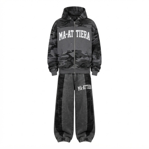 Ensemble de survêtement pour homme gris et noir camouflage avec sweat à capuche zippé, coupe ample, jambe large, style streetwear, design à empiècements, personnalisable OEM ODM - Product Image 3