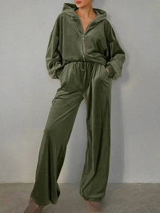 Custom Oversized Women Velour Zip Up Hoodie Wide Leg Pants Heavyweight <b>Velvet</b> <b>Tracksuit</b> Solid Color Baggy Streetwear <b>Tracksuit</b> - Product Image 6