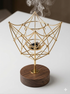 Brûleur d'encens moderne en métal doré géométrique avec lanterne en bois de manguier – Écologique et durable, décoration aromatique bio pour la maison - Product Image 3