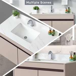 Plan de toilette rectangulaire en marbre blanc de 43 pouces avec trous de robinetterie pré-percés, à poser sous le meuble, pour salles de bain de taille moyenne - Product Image 2