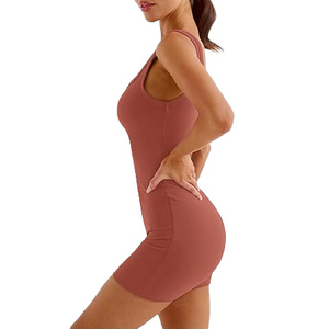 Trendy Rust Brown Biker Short Yoga Jumpsuit One Shoulder Adjusted <b>Strap</b> Sport Romper - Product Image 4