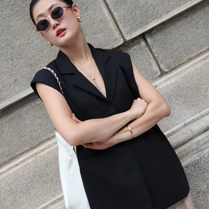 Conjunto de 2 piezas de chaleco sin mangas y blazer de mujer para oficina, estilo vietnamita, transpirable, tejido liso, con cuello de muesca y cuello en V, talla grande, para verano - Product Image 1