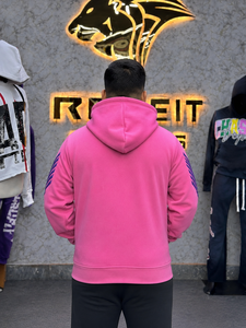 Nouveau sweat-shirt rose à capuche zippé pour homme, coupe oversize, en polaire, manches rayées, style streetwear, avec logo imprimé sur le devant, idéal pour l'automne - Product Image 6