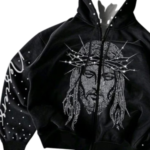 Sudadera con Capucha Personalizada con Pedrería de Jesús – Sudadera Religiosa Negra con Cristales Brillantes y Diseño de Corona, Sudadera de Lujo Estilo Urbano, Unisex - Product Image 2