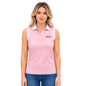 Polo sans manches rose clair pour femme, coupe ajustée, col patchwork, pour l'équitation et l'entraînement, personnalisable, vente en gros - Product Image 1