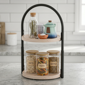 Double Tier Wooden <b>Storage</b> <b>Rack</b> With Metal Frame 360 Rotating For <b>Kitchen</b> Food Organization Minimalist Style - Product Image 1