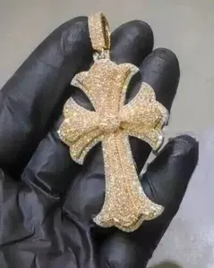 3Ct Round Cut Real Moissanite Cross Women's Sterling <b>Silver</b> Hip Hop <b>Charm</b> Pendant 14K Yellow Gold Plated - Product Image 4